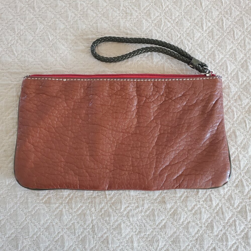 Loft Brown Faux Leather & Red Cloth Zip Makeup Travel Bag Clutch Purse w/ Strap